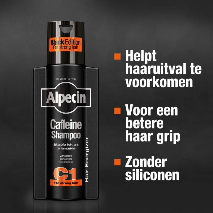 Alpecin Cafeïne Shampoo C1 Black met Nieuwe Geur 250ml | Stimuleert Natuurlijke Haargroei voor Mannen